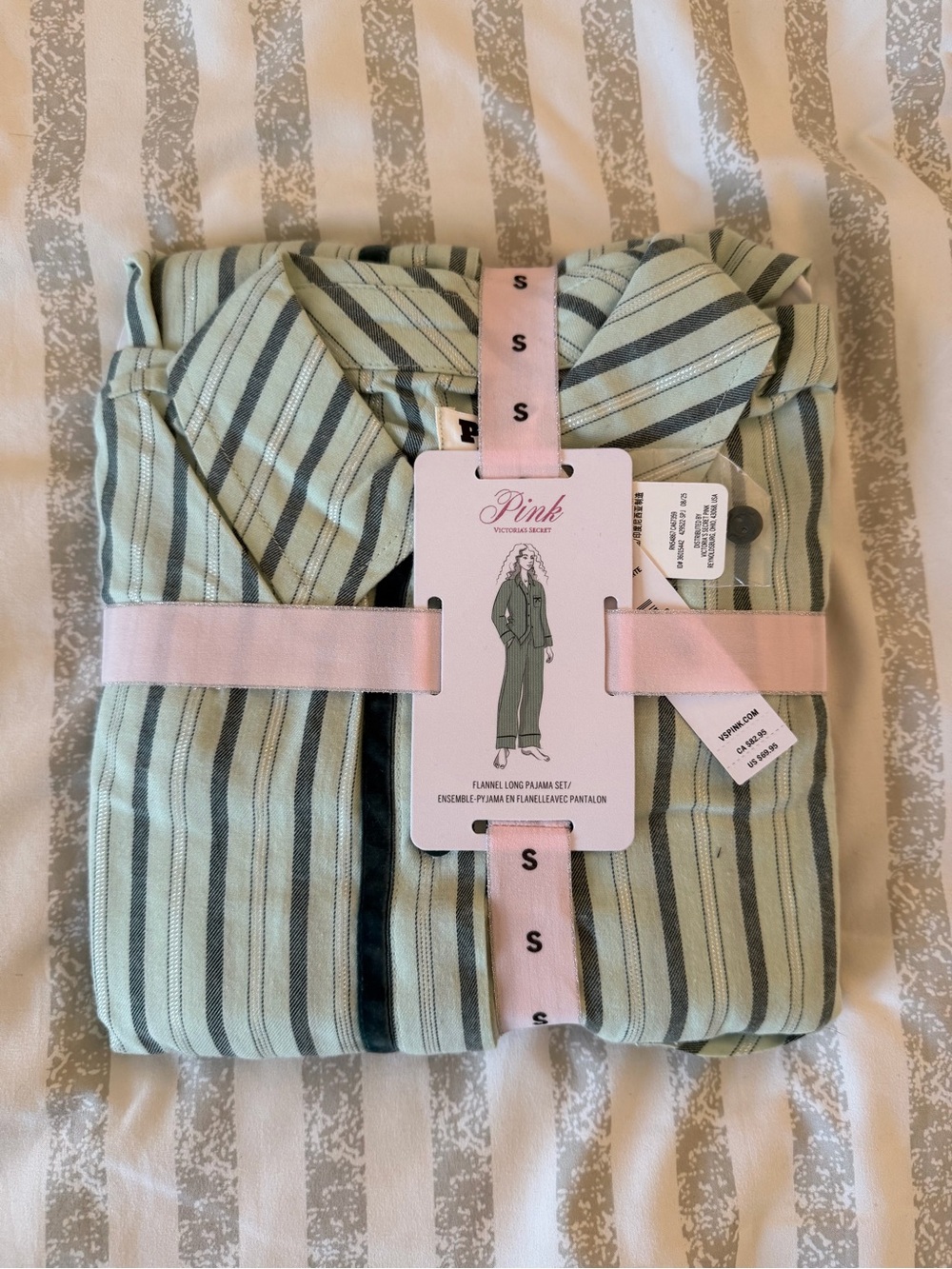 PINK Victoria's Secret Green & Black Striped Pajama Set